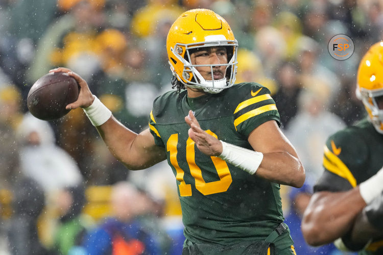 Nov 3, 2024; Green Bay, Wisconsin, USA;  Green Bay Packers quarterback Jordan Love (10) throws a pass during the second quarter against the Detroit Lions at Lambeau Field. Credit: Jeff Hanisch-Imagn Images