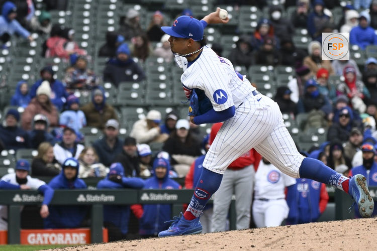 Apr 1, 2026; Chicago, Illinois, USA;  Chicago Cubs pitcher Daniel Palencia (48) delivers against the Los Angeles Angels during the ninth inning at Wrigley Field. Credit: Matt Marton-Imagn Images