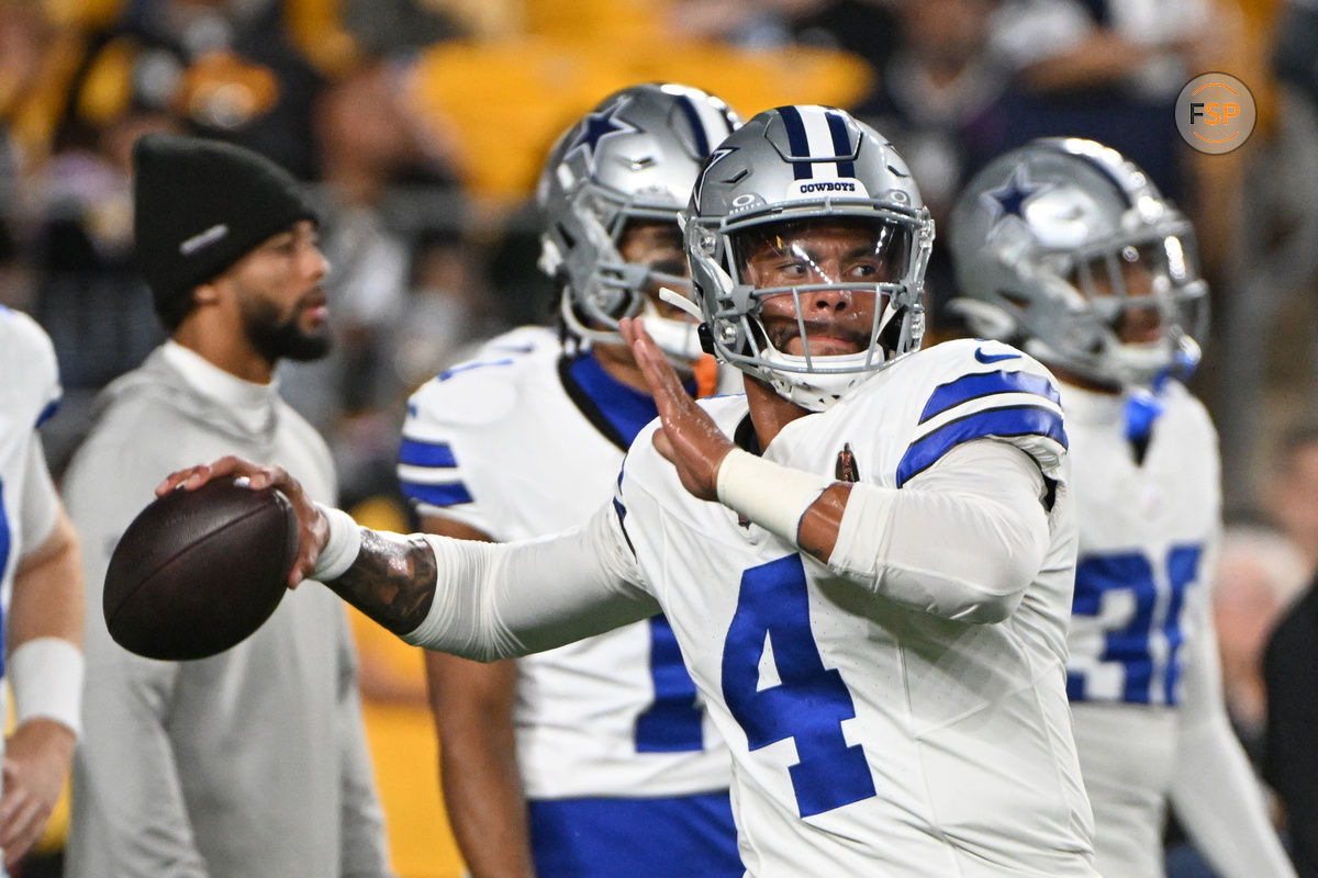 Oct 6, 2024; Pittsburgh, Pennsylvania, USA; Dallas Cowboys quarterback Dak Prescott (4) warms up for a game against the Pittsburgh Steelers at Acrisure Stadium. Credit: Barry Reeger-Imagn Images





