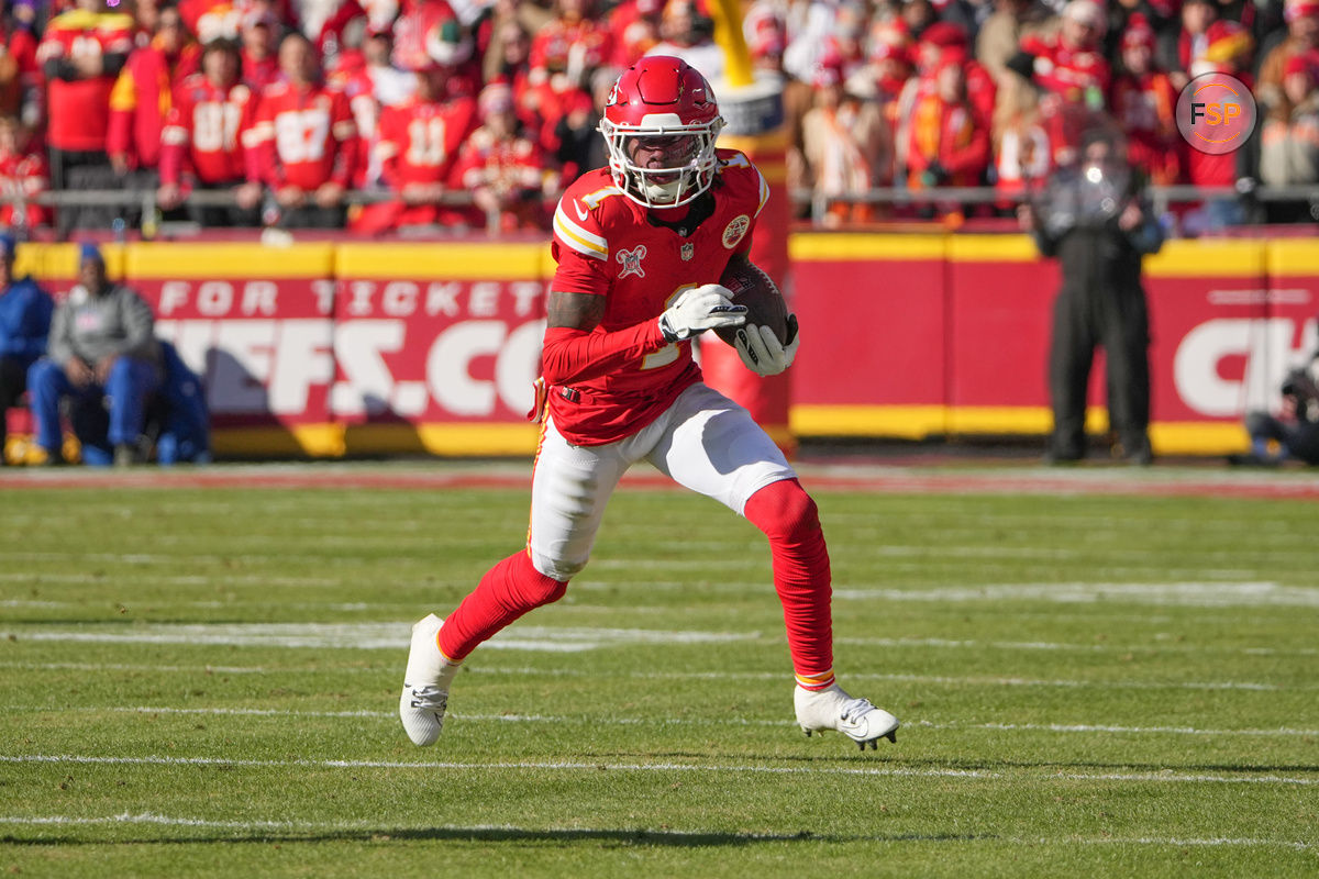 Dec 21, 2024; Kansas City, Missouri, USA; Kansas City Chiefs wide receiver Xavier Worthy (1) runs the ball against the Houston Texans during the first half at GEHA Field at Arrowhead Stadium. Credit: Denny Medley-Imagn Images