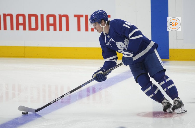 May 5, 2025; Toronto, Ontario, CAN; Toronto Maple Leafs forward Mitch Marner (16) skates with the puck before game one of the second round of the 2025 Stanley Cup Playoffs against the Florida Panthers at Scotiabank Arena. Credit: John E. Sokolowski-Imagn Images