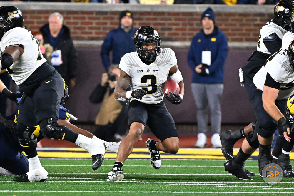 ANN ARBOR, MI - NOVEMBER 04: Purdue Boilermakers running back Tyrone Tracy Jr. (3) runs for a first down during the Michigan Wolverines versus the Purdue Boilermakers on Saturday November 4, 2023 at Michigan Stadium in Ann Arbor, MI. (Photo by Steven King/Icon Sportswire)
