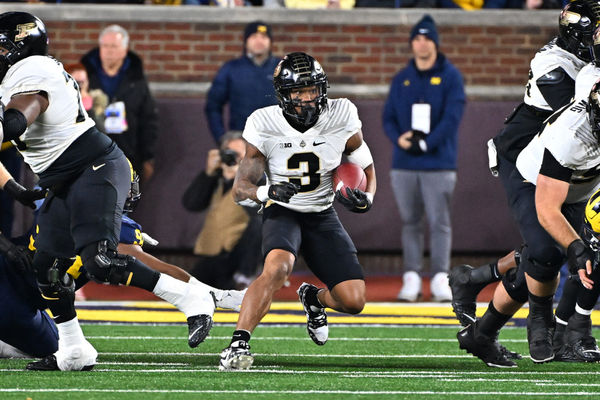 ANN ARBOR, MI - NOVEMBER 04: Purdue Boilermakers running back Tyrone Tracy Jr. (3) runs for a first down during the Michigan Wolverines versus the Purdue Boilermakers on Saturday November 4, 2023 at Michigan Stadium in Ann Arbor, MI. (Photo by Steven King/Icon Sportswire)
