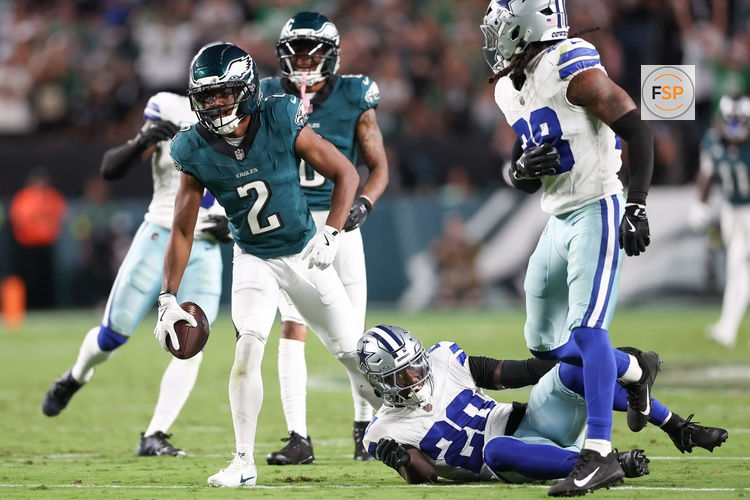 Sep 4, 2025; Philadelphia, Pennsylvania, USA; Philadelphia Eagles wide receiver Jahan Dotson (2) reacts after a reception against the Dallas Cowboys during the second quarter of the game at Lincoln Financial Field. Credit: Bill Streicher-Imagn Images