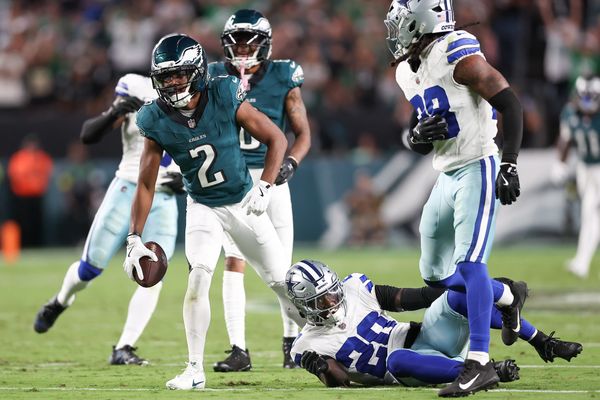 Sep 4, 2025; Philadelphia, Pennsylvania, USA; Philadelphia Eagles wide receiver Jahan Dotson (2) reacts after a reception against the Dallas Cowboys during the second quarter of the game at Lincoln Financial Field. Mandatory Credit: Bill Streicher-Imagn Images