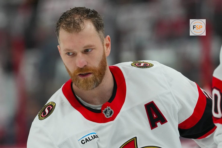 Apr 20, 2026; Raleigh, North Carolina, USA; Ottawa Senators right wing Claude Giroux (28) skates during the  warmups before the game against the Carolina Hurricanes  in game two of the first round of the 2026 Stanley Cup Playoffs at Lenovo Center. Credit: James Guillory-Imagn Images