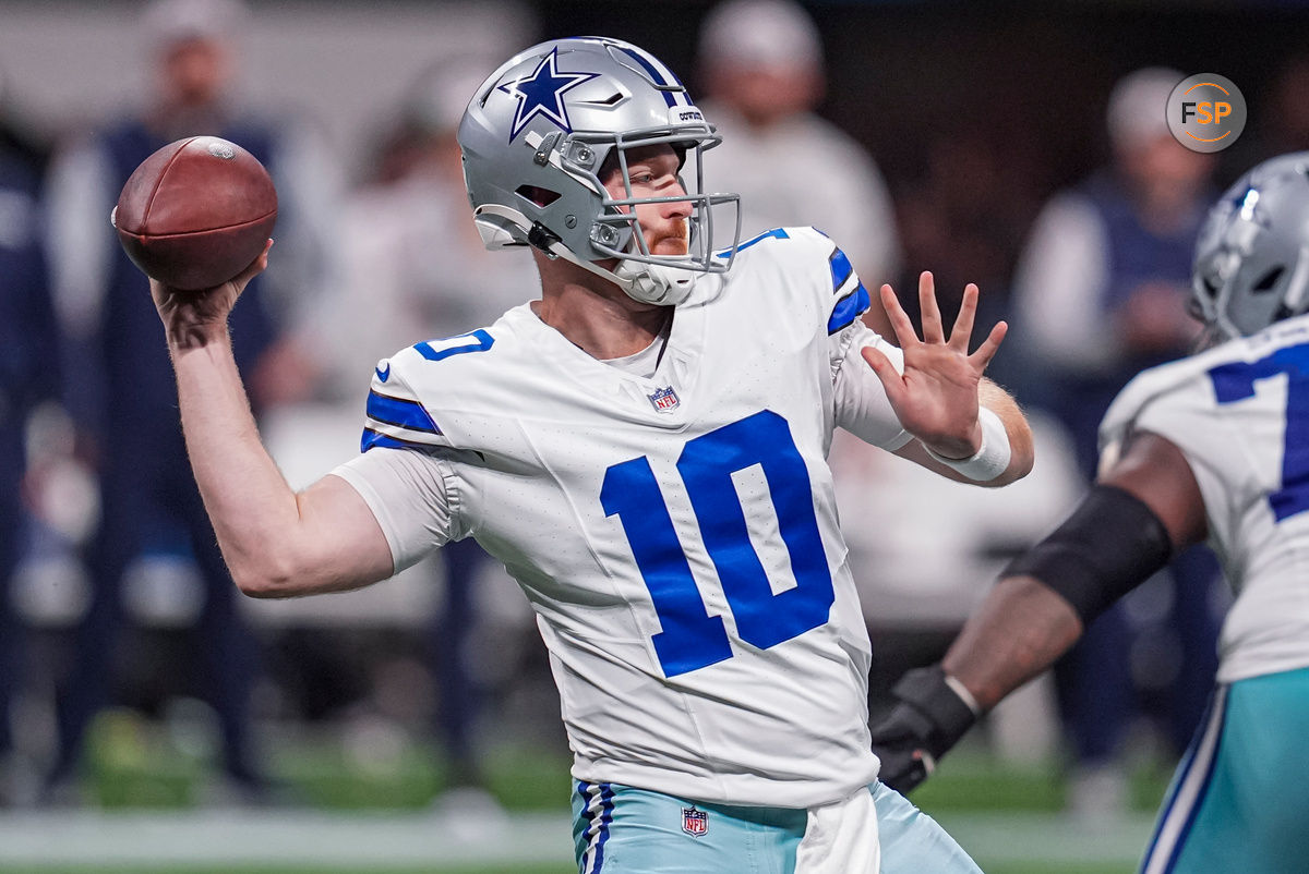 Nov 3, 2024; Atlanta, Georgia, USA; Dallas Cowboys quarterback Cooper Rush (10) passes against the Atlanta Falcons during the second half at Mercedes-Benz Stadium. Credit: Dale Zanine-Imagn Images