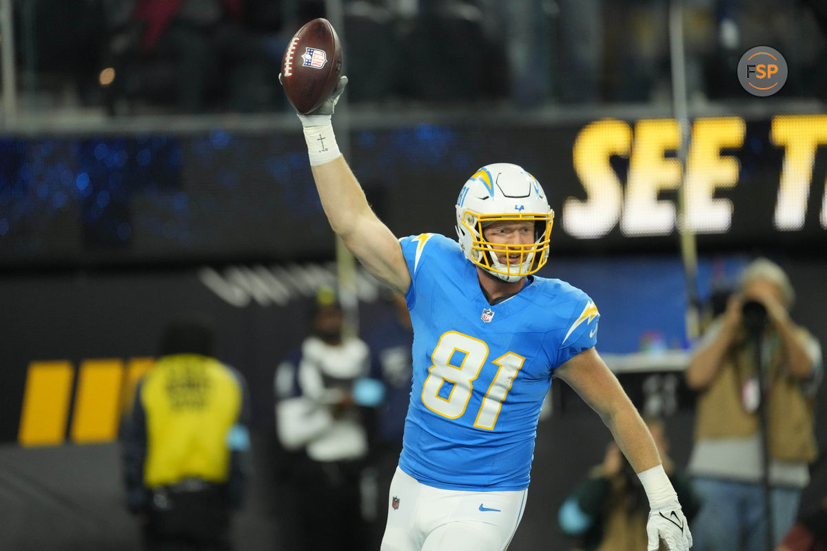 Nov 17, 2024; Inglewood, California, USA; Los Angeles Chargers tight end Will Dissly (81) celebrates after scoring on a 29-yard touchdown reception against the Cincinnati Bengals in the first half at SoFi Stadium. Credit: Kirby Lee-Imagn Images