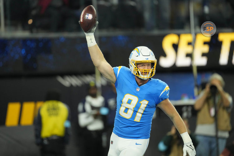 Nov 17, 2024; Inglewood, California, USA; Los Angeles Chargers tight end Will Dissly (81) celebrates after scoring on a 29-yard touchdown reception against the Cincinnati Bengals in the first half at SoFi Stadium. Credit: Kirby Lee-Imagn Images