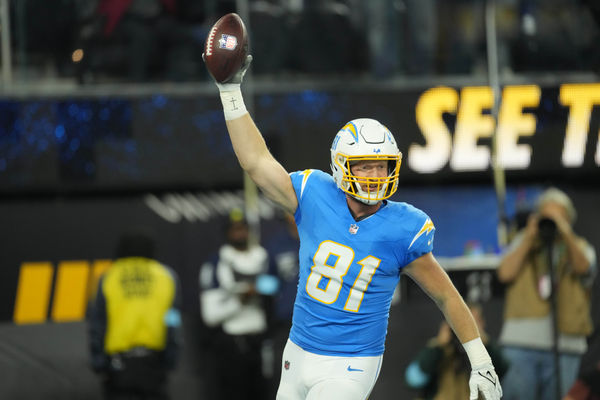 Nov 17, 2024; Inglewood, California, USA; Los Angeles Chargers tight end Will Dissly (81) celebrates after scoring on a 29-yard touchdown reception against the Cincinnati Bengals in the first half at SoFi Stadium. Mandatory Credit: Kirby Lee-Imagn Images