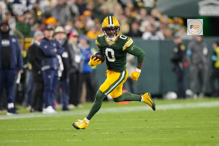 Oct 18, 2026; Green Bay, Wisconsin, USA;  Green Bay Packers wide receiver Matthew Golden (0) during the game against the Dallas Cowboys at Lambeau Field. Credit: Jeff Hanisch-Imagn Images