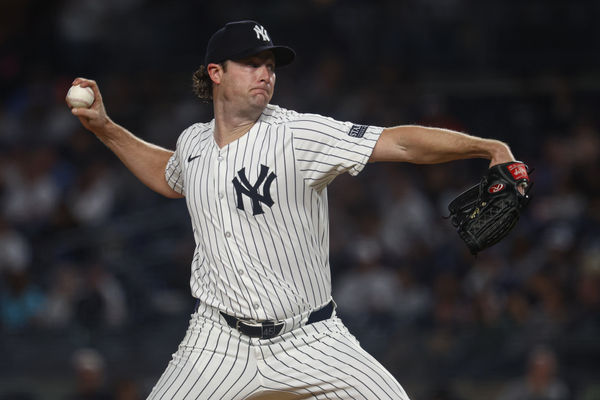 Sep 26, 2024; Bronx, New York, USA; New York Yankees starting pitcher Gerrit Cole (45) delivers a pitch during the first inning against the Baltimore Orioles at Yankee Stadium. Mandatory Credit: Vincent Carchietta-Imagn Images