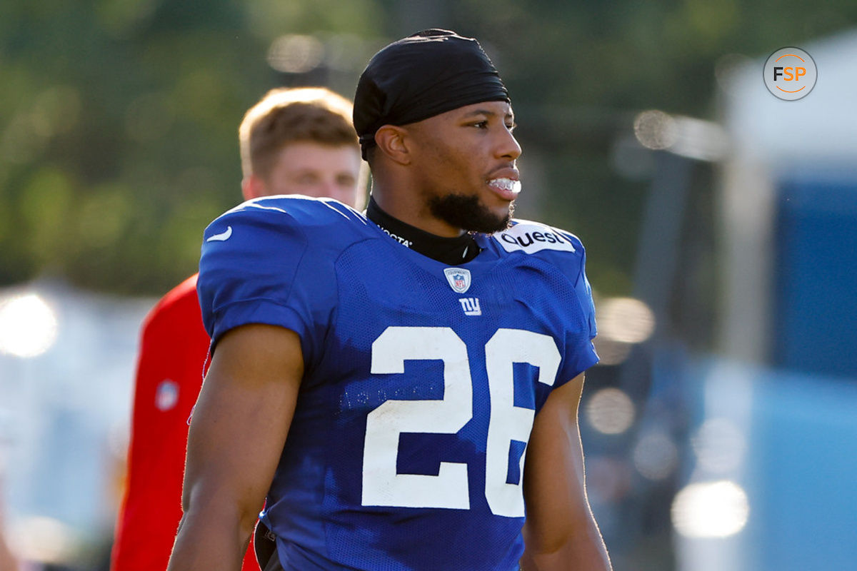 EAST RUTHERFORD, NJ - AUGUST 01:  Saquon Barkley #26 of the New York Giants during training camp at the Quest Diagnostics Training Center on August 1, 2023 in East Rutherford, New Jersey.  (Photo by Rich Graessle/Icon Sportswire)