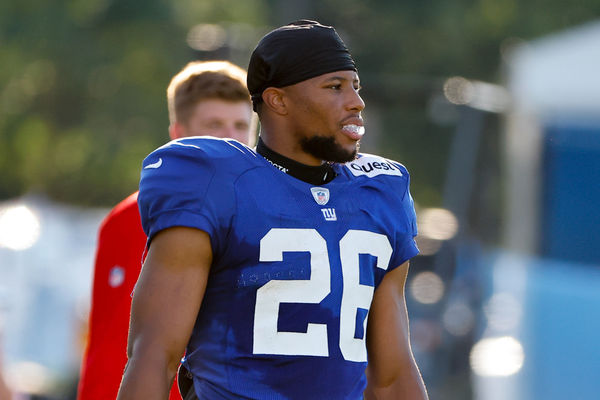 EAST RUTHERFORD, NJ - AUGUST 01:  Saquon Barkley #26 of the New York Giants during training camp at the Quest Diagnostics Training Center on August 1, 2023 in East Rutherford, New Jersey.  (Photo by Rich Graessle/Icon Sportswire)