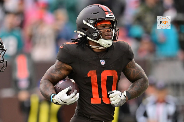 Oct 19, 2025; Cleveland, Ohio, USA; Cleveland Browns running back Quinshon Judkins (10) scores a touchdown during the second half against the Miami Dolphins at Huntington Bank Field. Credit: Ken Blaze-Imagn Images