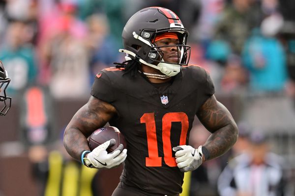 Oct 19, 2025; Cleveland, Ohio, USA; Cleveland Browns running back Quinshon Judkins (10) scores a touchdown during the second half against the Miami Dolphins at Huntington Bank Field. Mandatory Credit: Ken Blaze-Imagn Images