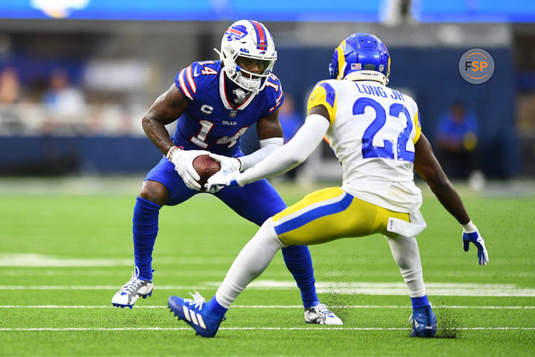 INGLEWOOD, CA - SEPTEMBER 08: Buffalo Bills wide receiver Stefon Diggs (14) sizes up Los Angeles Rams cornerback David Long (22) after a catch during the NFL game between the Buffalo Bills and the Los Angeles Rams on September 8, 2022, at SoFi Stadium in Inglewood, CA. (Photo by Brian Rothmuller/Icon Sportswire)