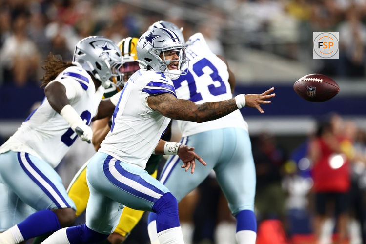 Sep 28, 2025; Arlington, Texas, USA;  Dallas Cowboys quarterback Dak Prescott (4) passes against the Green Bay Packers in the first quarter at AT&T Stadium. Credit: Kevin Jairaj-Imagn Images