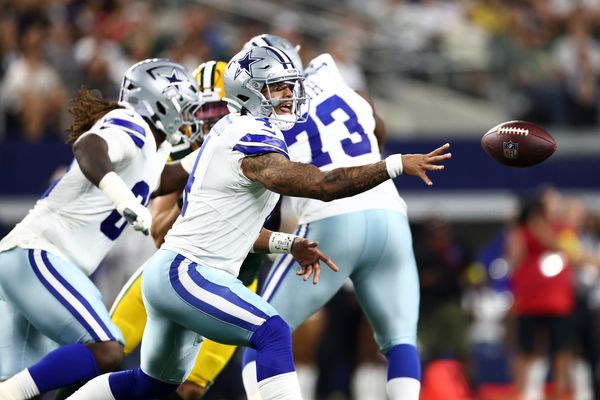 Sep 28, 2025; Arlington, Texas, USA;  Dallas Cowboys quarterback Dak Prescott (4) passes against the Green Bay Packers in the first quarter at AT&T Stadium. Mandatory Credit: Kevin Jairaj-Imagn Images