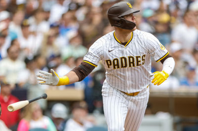 Jun 11, 2025; San Diego, California, USA; San Diego Padres left fielder Gavin Sheets (30) hits a sacrifice fly during the sixth inning against the Los Angeles Dodgers at Petco Park. Mandatory Credit: David Frerker-Imagn Images