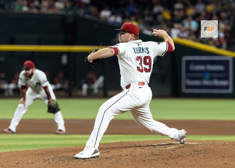 May 27, 2025; Phoenix, Arizona, USA; Arizona Diamondbacks pitcher Corbin Burnes against the Pittsburgh Pirates at Chase Field. Credit: Mark J. Rebilas-Imagn Images