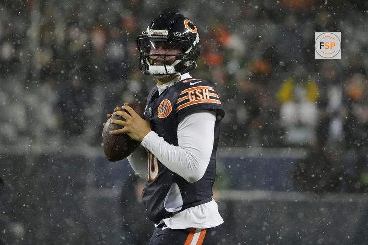 Jan 10, 2026; Chicago, IL, USA; Chicago Bears quarterback Caleb Williams (18) warms up prior to an NFC Wild Card Round game against the Green Bay Packers at Soldier Field. Credit: David Banks-Imagn Images