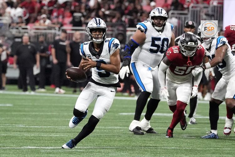 Sep 20, 2026; Atlanta, Georgia, USA;  Carolina Panthers quarterback Bryce Young (9) rushes during the third quarter against the Atlanta Falcons at Mercedes-Benz Stadium.  Credit: Dale Zanine-Imagn Images