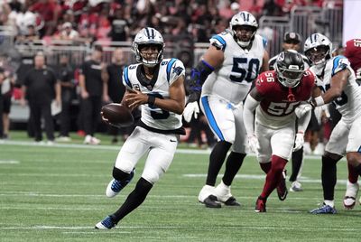Sep 20, 2026; Atlanta, Georgia, USA;  Carolina Panthers quarterback Bryce Young (9) rushes during the third quarter against the Atlanta Falcons at Mercedes-Benz Stadium.  Mandatory Credit: Dale Zanine-Imagn Images