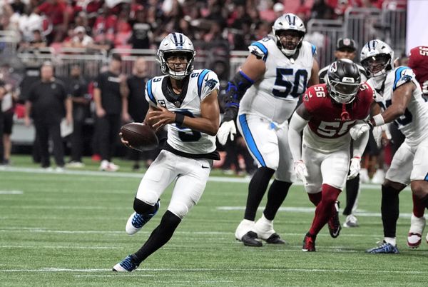 Sep 20, 2026; Atlanta, Georgia, USA;  Carolina Panthers quarterback Bryce Young (9) rushes during the third quarter against the Atlanta Falcons at Mercedes-Benz Stadium.  Mandatory Credit: Dale Zanine-Imagn Images