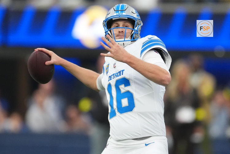 Dec 14, 2025; Inglewood, California, USA; Detroit Lions quarterback Jared Goff (16) throws a pass during the second quarter against the Los Angeles Rams at SoFi Stadium. Credit: Kirby Lee-Imagn Images