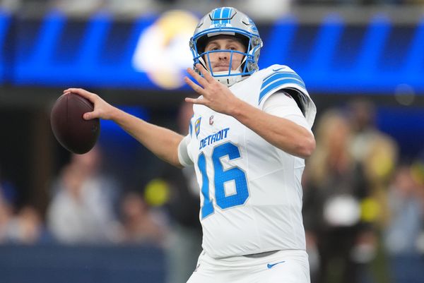 Dec 14, 2025; Inglewood, California, USA; Detroit Lions quarterback Jared Goff (16) throws a pass during the second quarter against the Los Angeles Rams at SoFi Stadium. Mandatory Credit: Kirby Lee-Imagn Images