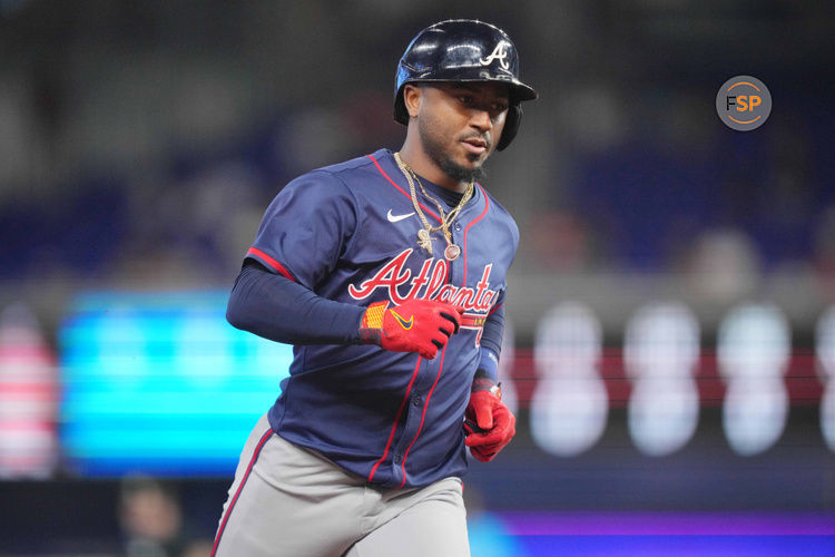 Sep 22, 2024; Miami, Florida, USA;  Atlanta Braves second baseman Ozzie Albies (1) rounds the bases after hitting a home run against the Miami Marlins in the first inning at loanDepot Park. Credit: Jim Rassol-Imagn Images