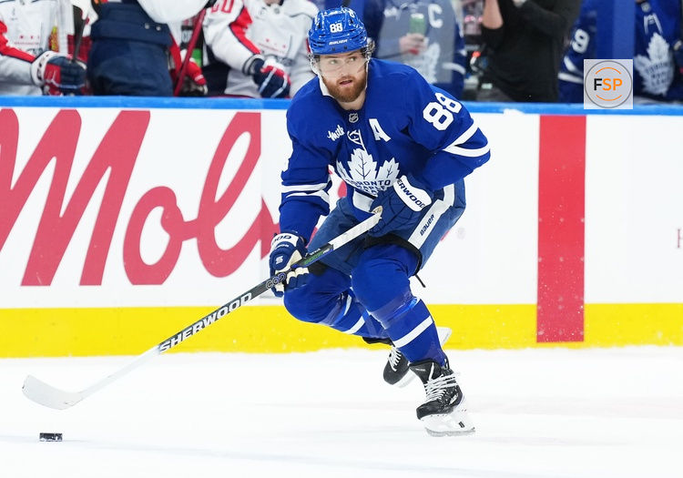 Apr 8, 2026; Toronto, Ontario, CAN; Toronto Maple Leafs right wing William Nylander (88) skates with the puck against the Washington Capitals during the first period at Scotiabank Arena. Credit: Nick Turchiaro-Imagn Images