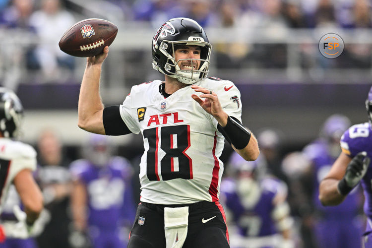 Dec 8, 2024; Minneapolis, Minnesota, USA; Atlanta Falcons quarterback Kirk Cousins (18) throws a pass against the Minnesota Vikings during the second quarter at U.S. Bank Stadium. Credit: Jeffrey Becker-Imagn Images