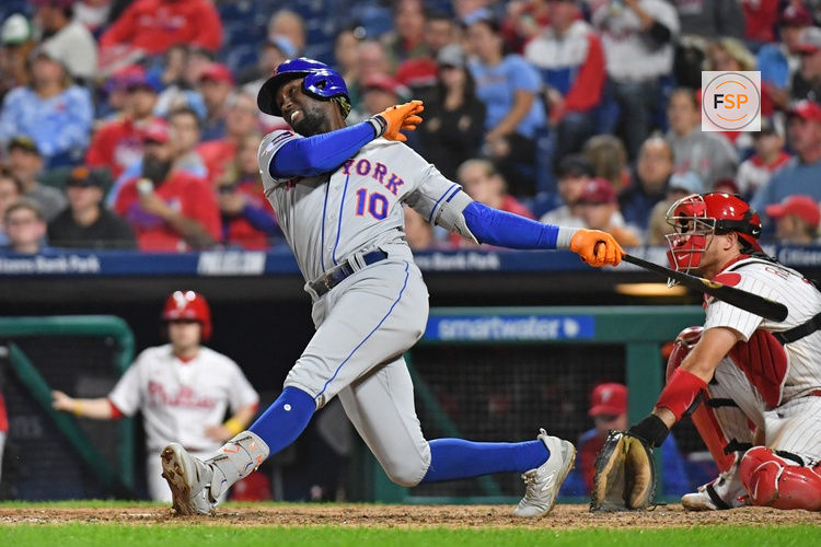 Sep 24, 2023; Philadelphia, Pennsylvania, USA; New York Mets shortstop Ronny Mauricio (10) hits a two run home run during the sixth inning against the Philadelphia Phillies at Citizens Bank Park. Credit: Eric Hartline-USA TODAY Sports