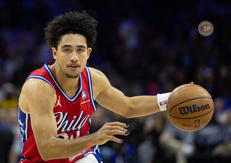 Dec 13, 2024; Philadelphia, Pennsylvania, USA; Philadelphia 76ers guard Jared McCain (20) in action against the Indiana Pacers at Wells Fargo Center. Credit: Bill Streicher-Imagn Images