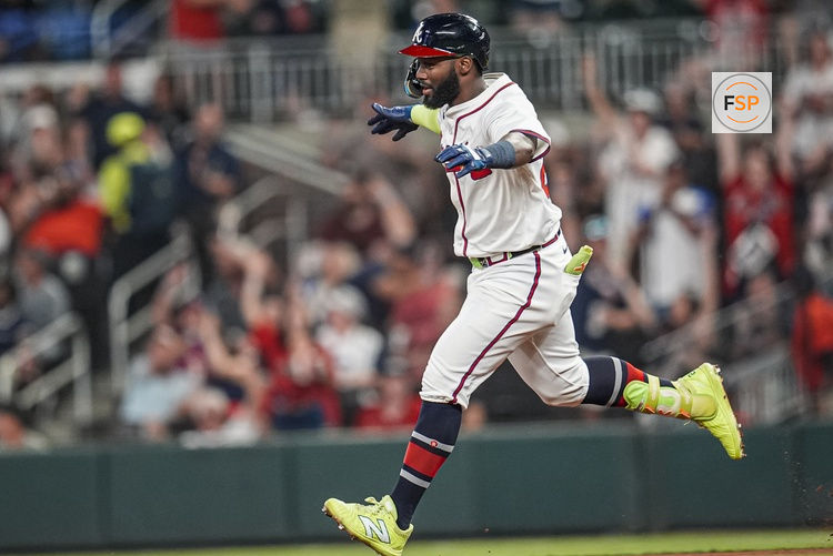 Sep 23, 2025; Cumberland, Georgia, USA; Atlanta Braves center fielder Michael Harris II (23) reacts after hitting a home run against the Washington Nationals during the seventh inning at Truist Park. Credit: Dale Zanine-Imagn Images