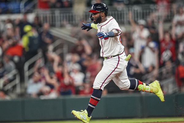 Sep 23, 2025; Cumberland, Georgia, USA; Atlanta Braves center fielder Michael Harris II (23) reacts after hitting a home run against the Washington Nationals during the seventh inning at Truist Park. Mandatory Credit: Dale Zanine-Imagn Images