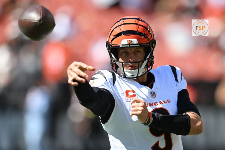 Sep 7, 2025; Cleveland, Ohio, USA; Cincinnati Bengals quarterback Joe Burrow (9) warms up before the game against the Cleveland Browns at Huntington Bank Field. Credit: Ken Blaze-Imagn Images