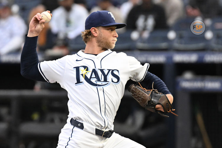 Apr 8, 2025; Anaheim, California, USA; Tampa Bay Rays starting pitcher Shane Baz (11) throws a pitch in the first inning against the Los Angeles Angels at George M. Steinbrenner Field. Credit: Jonathan Dyer-Imagn Images