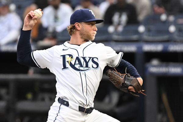 Apr 8, 2025; Anaheim, California, USA; Tampa Bay Rays starting pitcher Shane Baz (11) throws a pitch in the first inning against the Los Angeles Angels at George M. Steinbrenner Field. Mandatory Credit: Jonathan Dyer-Imagn Images