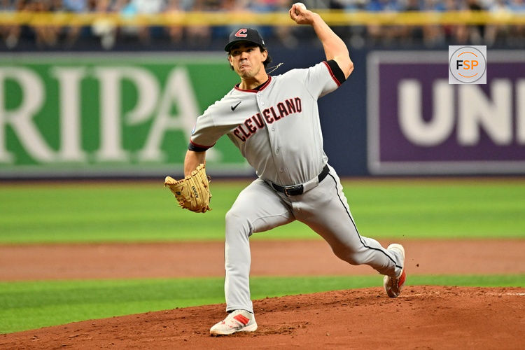 Jul 24, 2026; St. Petersburg, Florida, USA; Cleveland Guardians starting pitcher Joey Cantillo (54) throws a pitch in the first inning against the Tampa Bay Rays at Tropicana Field. Credit: Jonathan Dyer-Imagn Images