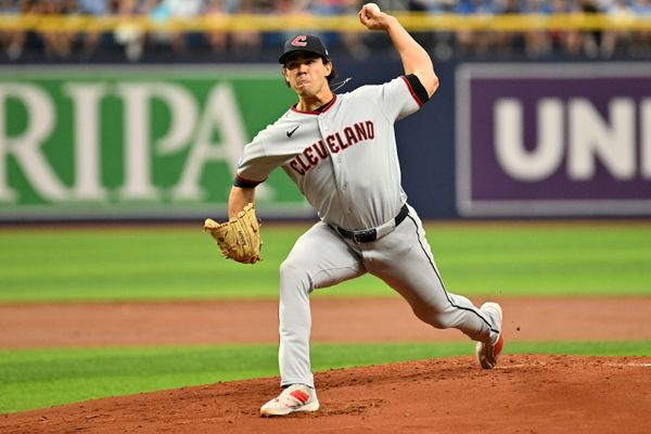Jul 24, 2026; St. Petersburg, Florida, USA; Cleveland Guardians starting pitcher Joey Cantillo (54) throws a pitch in the first inning against the Tampa Bay Rays at Tropicana Field. Mandatory Credit: Jonathan Dyer-Imagn Images
