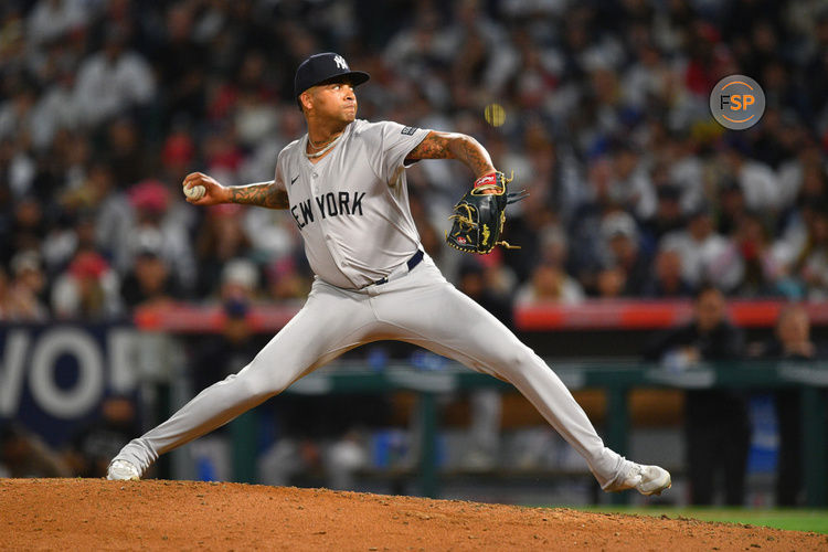 ANAHEIM, CA - MAY 29: New York Yankees pitcher Luis Gil (81) throws a pitch during the MLB game between the New York Yankees and the Los Angeles Angels of Anaheim on May 29, 2024 at Angel Stadium of Anaheim in Anaheim, CA. (Photo by Brian Rothmuller/Icon Sportswire)