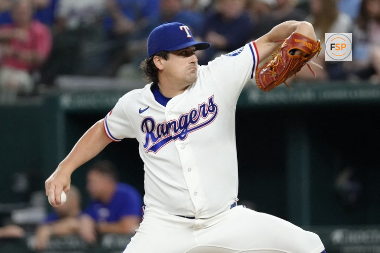 Aug 18, 2026; Arlington, Texas, USA; Texas Rangers pitcher Cal Quantrill (44) delivers a pitch to the Washington Nationals during the fifth inning at Globe Life Field. Credit: Jim Cowsert-Imagn Images