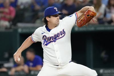 Aug 18, 2026; Arlington, Texas, USA; Texas Rangers pitcher Cal Quantrill (44) delivers a pitch to the Washington Nationals during the fifth inning at Globe Life Field. Mandatory Credit: Jim Cowsert-Imagn Images