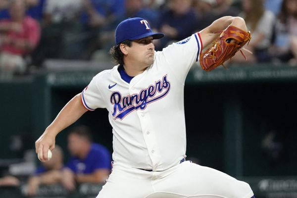 Aug 18, 2026; Arlington, Texas, USA; Texas Rangers pitcher Cal Quantrill (44) delivers a pitch to the Washington Nationals during the fifth inning at Globe Life Field. Mandatory Credit: Jim Cowsert-Imagn Images