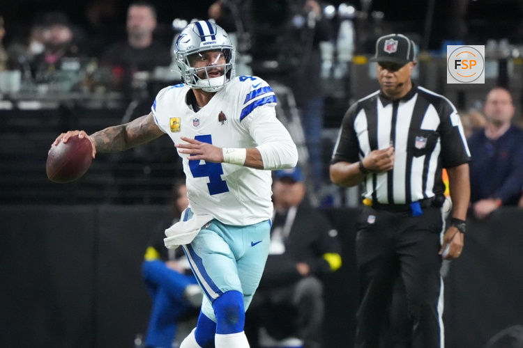 Nov 17, 2025; Paradise, Nevada, USA; Dallas Cowboys quarterback Dak Prescott (4) looks to throw downfield against the Las Vegas Raiders during the second half at Allegiant Stadium. Credit: Kirby Lee-Imagn Images