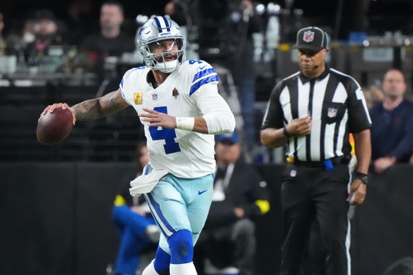 Nov 17, 2025; Paradise, Nevada, USA; Dallas Cowboys quarterback Dak Prescott (4) looks to throw downfield against the Las Vegas Raiders during the second half at Allegiant Stadium. Mandatory Credit: Kirby Lee-Imagn Images
