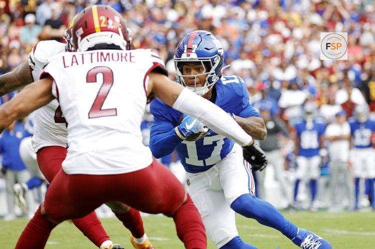 Sep 7, 2025; Landover, Maryland, USA; New York Giants wide receiver Wan'Dale Robinson (17) runs the ball during the first quarter against the Washington Commanders at Northwest Stadium. Credit: Amber Searls-Imagn Images